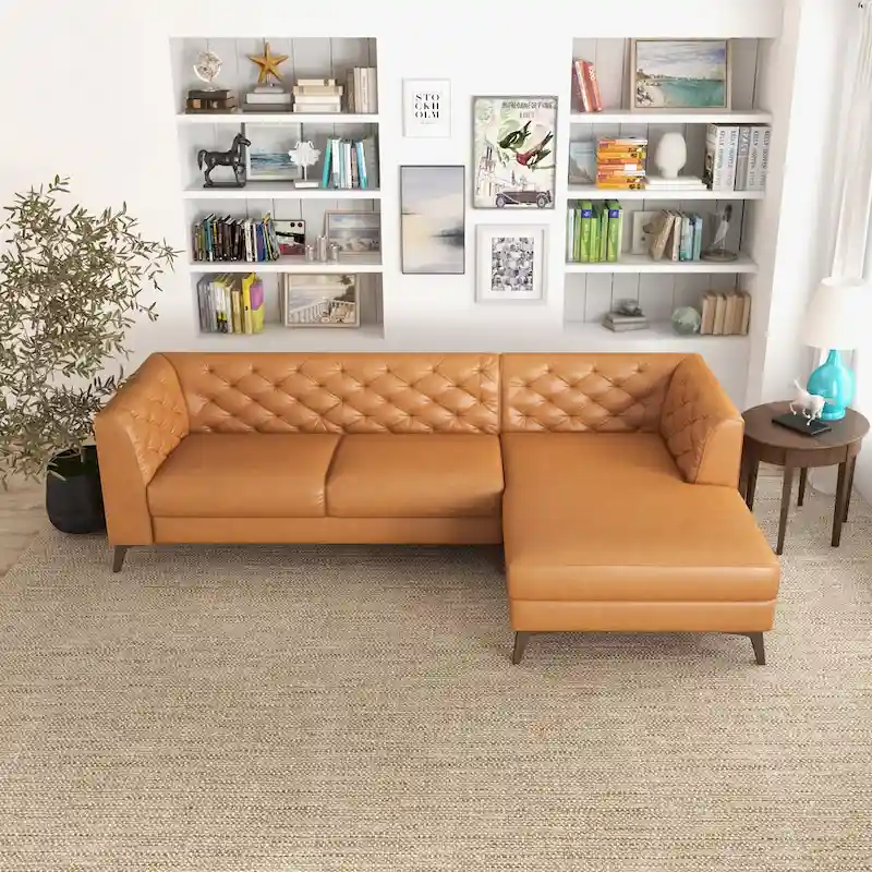 Modern Chesterfield Tufted Living Room Top Leather Corner Sectional Sofa in Cognac Tan