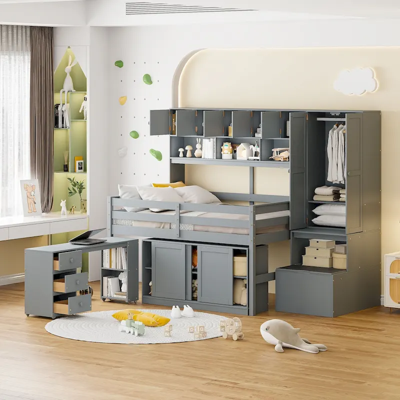 White / Gray Full Size Loft Bed with Desk, Drawers & Shelves, 2-Person Assembly