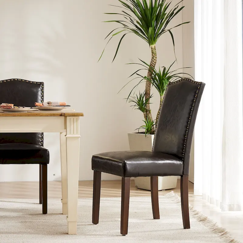 Upholstered Dining Chair Set of 2 with Nailhead Trim and Wood Legs