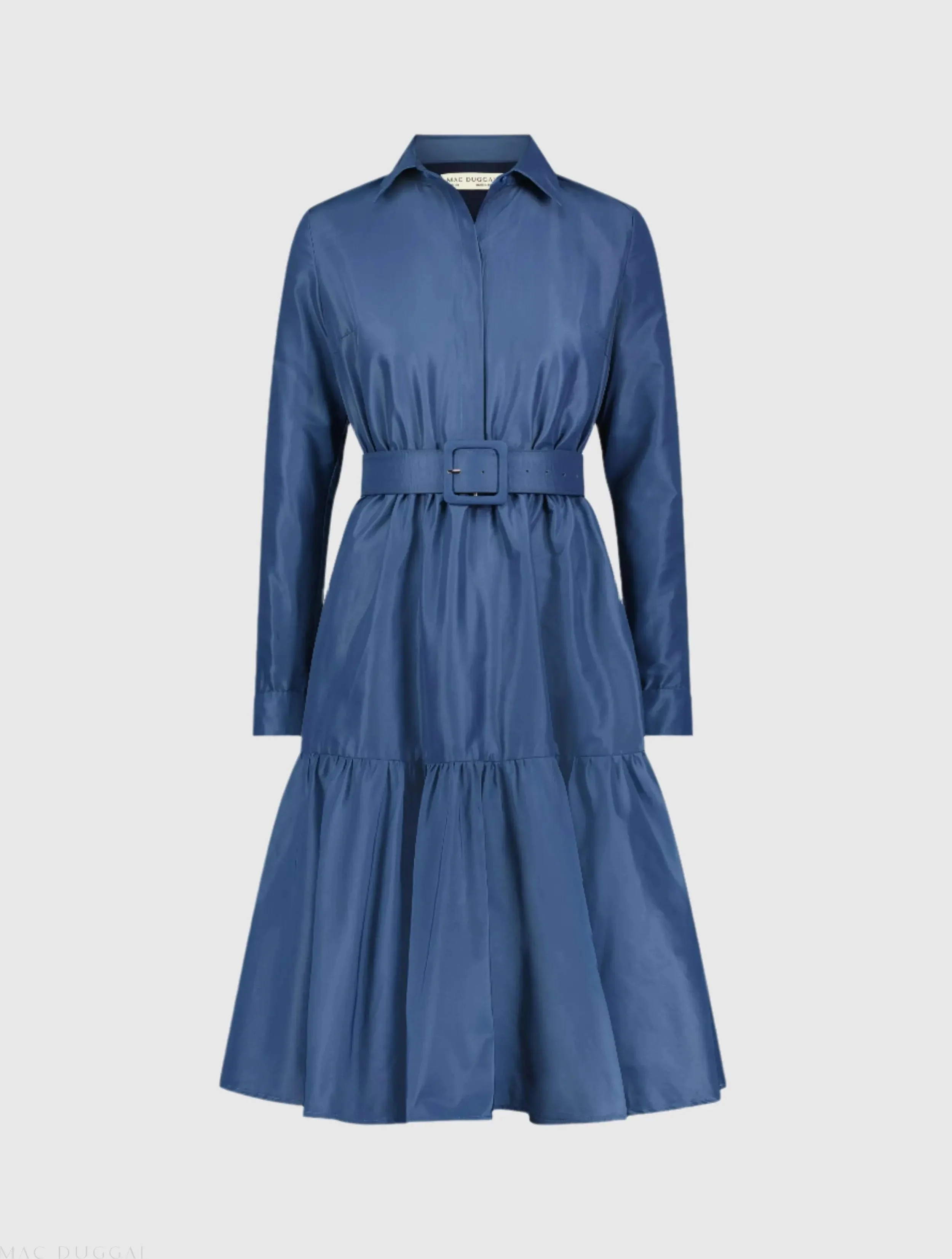 Blue Faille Long Sleeve Collared Midi Dress With Belt - Final Sale