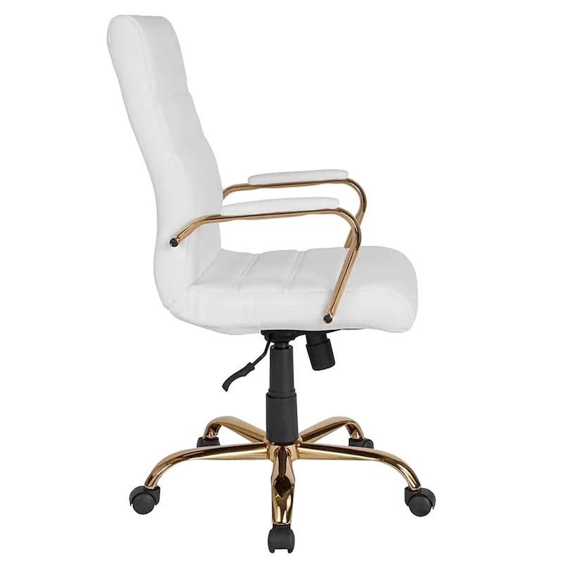Galaxy High Back Horizontal Stitching White Leather Executive Adjustable Swivel Office Chair with Gold Frame