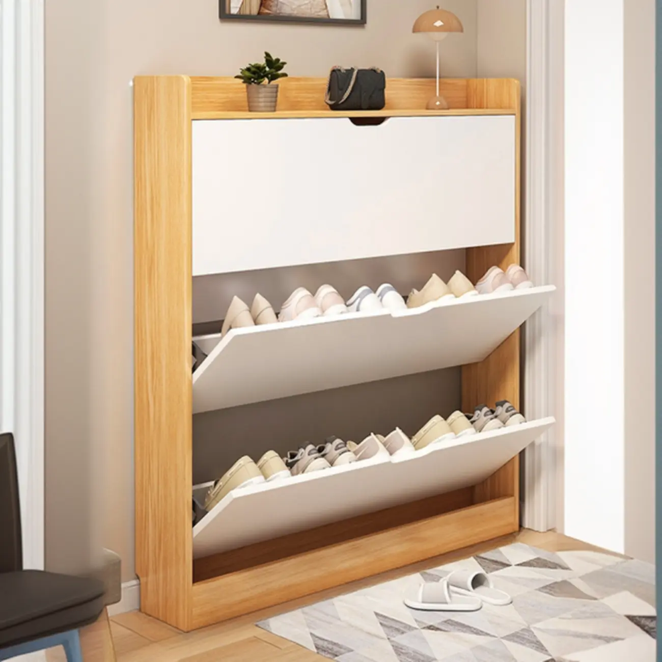 Entryway Modern Wood Shoe Cabinet with Flip-Out Drawer