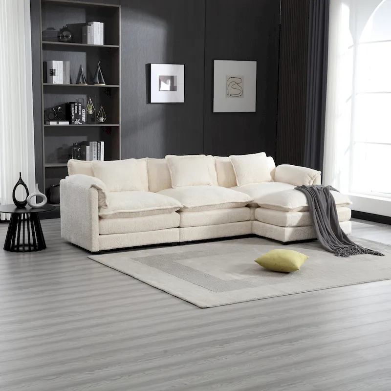 Beige 112.2  L-Shape 4-Seater Sectional Sofa in Modern Boucle Fabric with Removable Cushions and Detachable Armrests