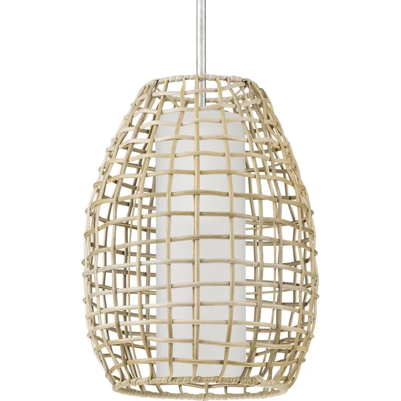 Pawley Collection One-Light Galvanized and Natural Rattan Indoor Outdoor Hanging Pendant Light - 12 in x 12 in x 16 in