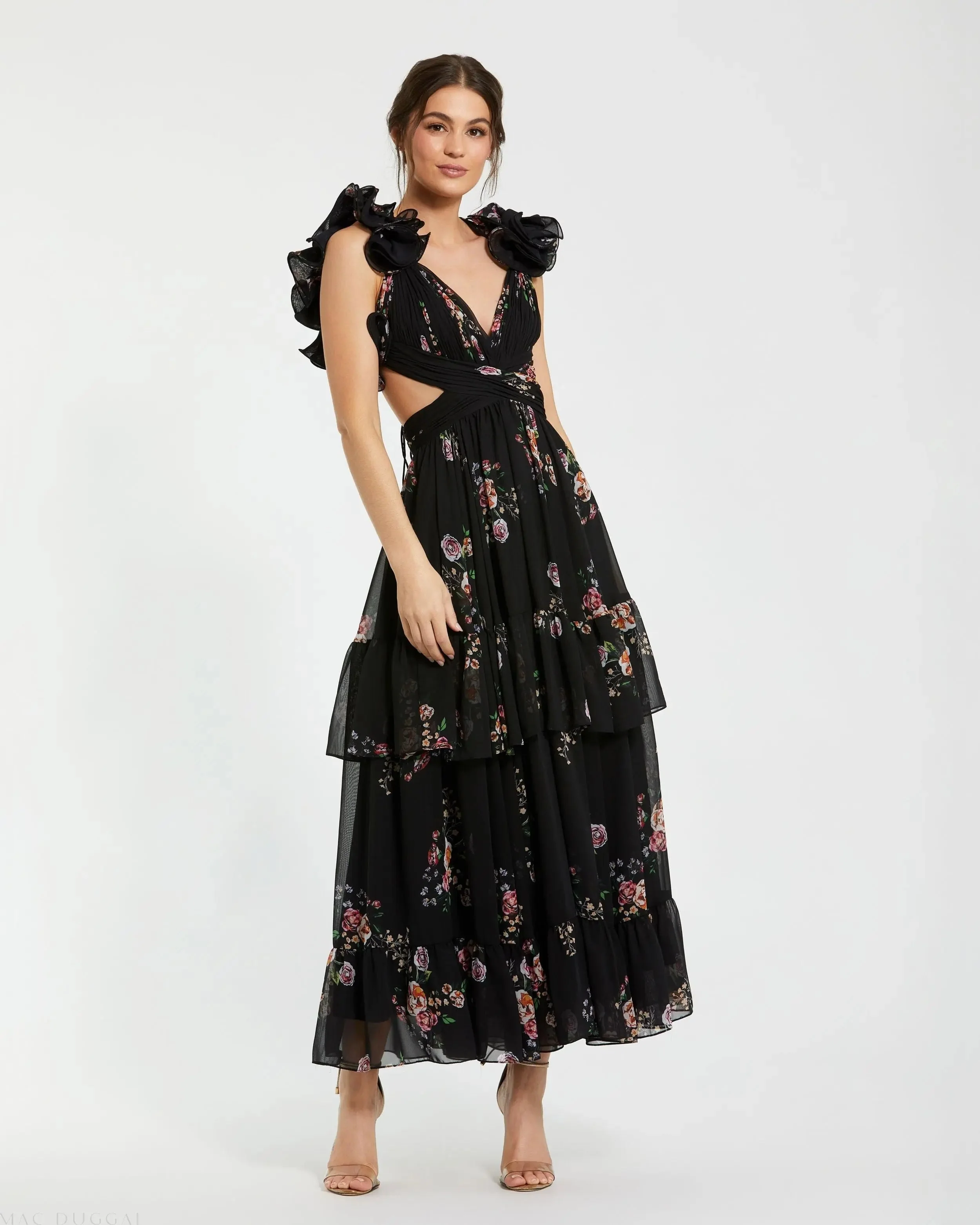 Black Ruffle Tiered Cut-Out Floral Print Chiffon Dress