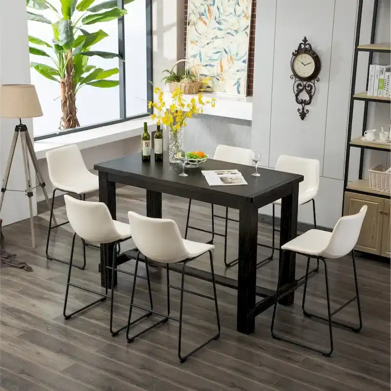 Roundhill Furniture Lotusville 7-PC Antique Black Wood Table with Faux Leather Barstools