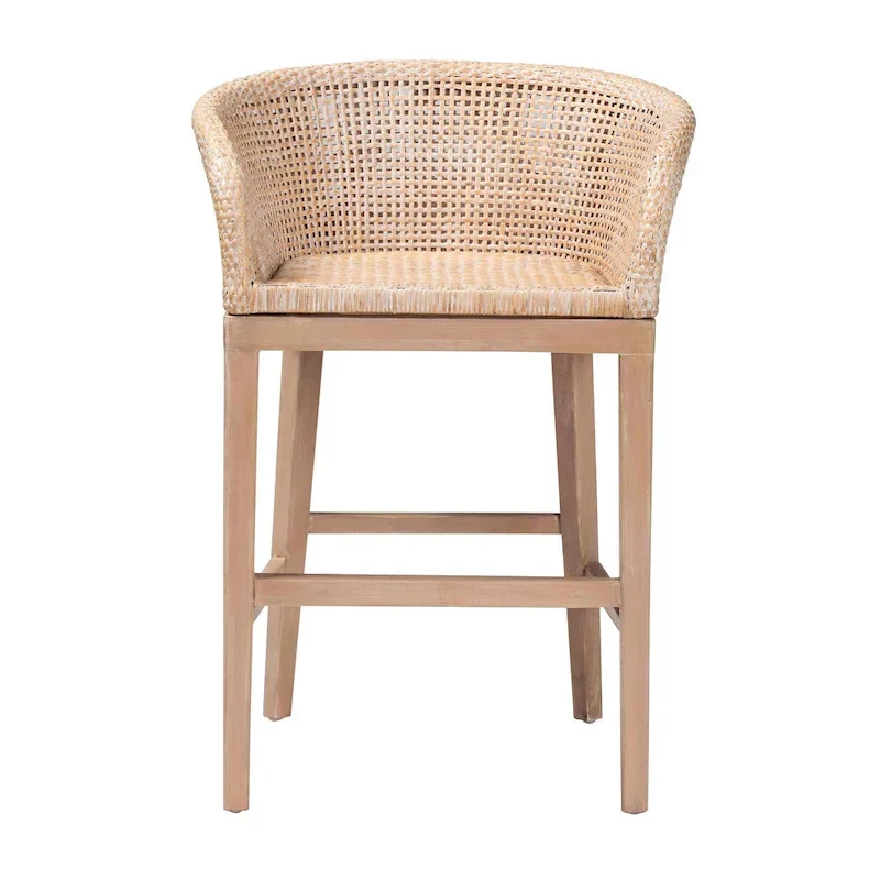 Papua Modern Bohemian Natural Rattan and Acacia Wood Counter Stool