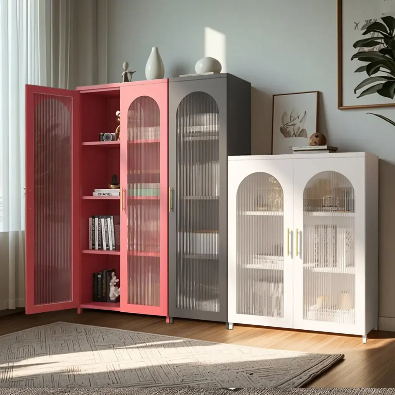 Modern Metal Vertical Storage Cabinet with Glass Doors