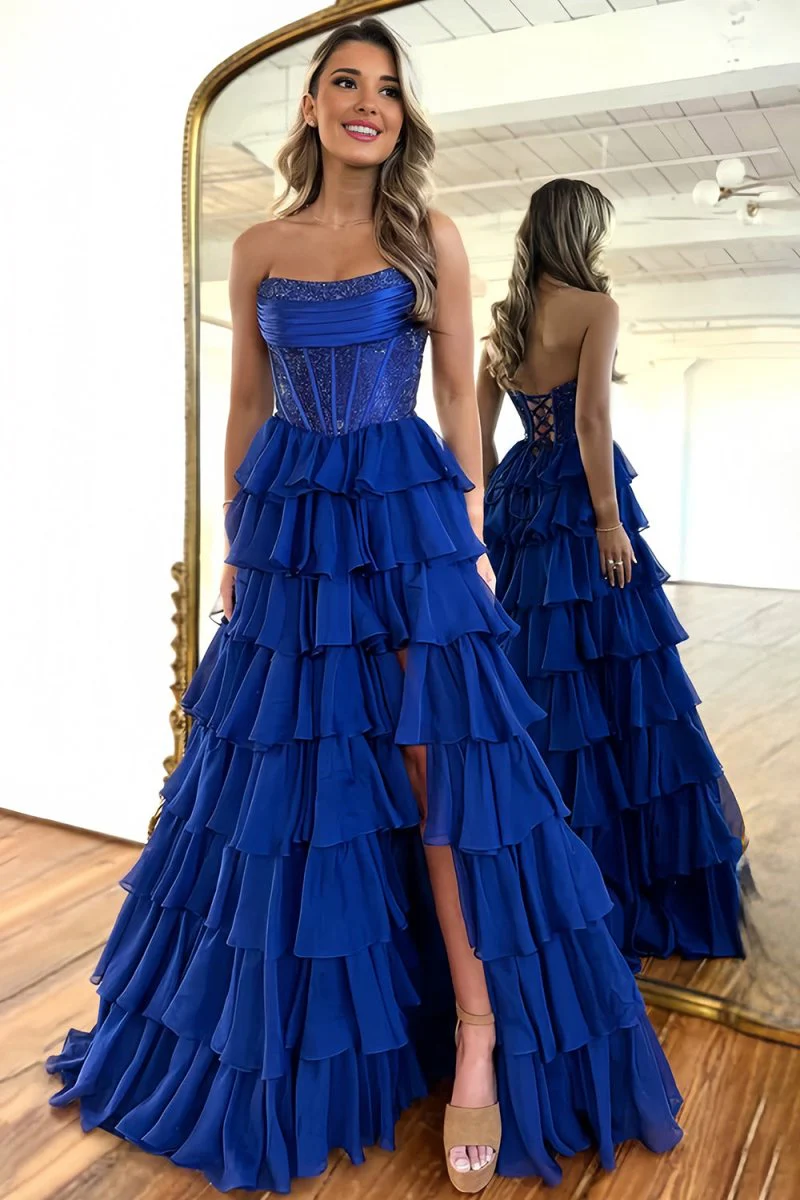 Navy Blue - A Line Strapless Chiffon Beaded Corset Long Prom Dress With Slit