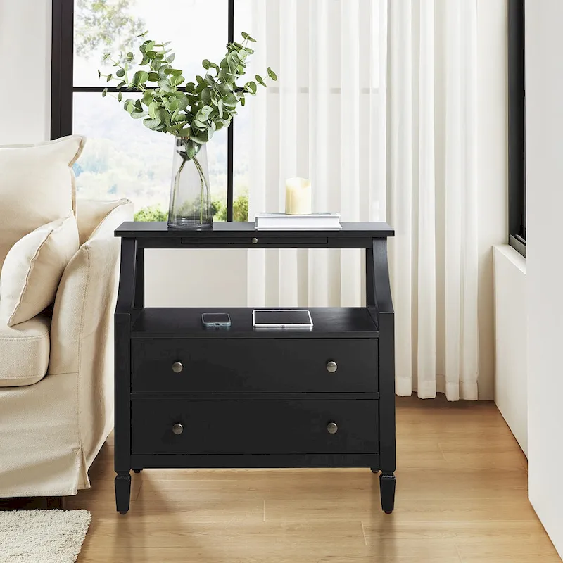 2 - Drawer Nightstand with Built-In Outlets and Pull-out Tray