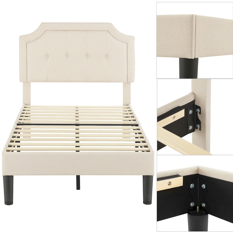 Javlergo Modern Upholstered Bed Frame with Height Adjustable Headboard, No Box Spring Needed