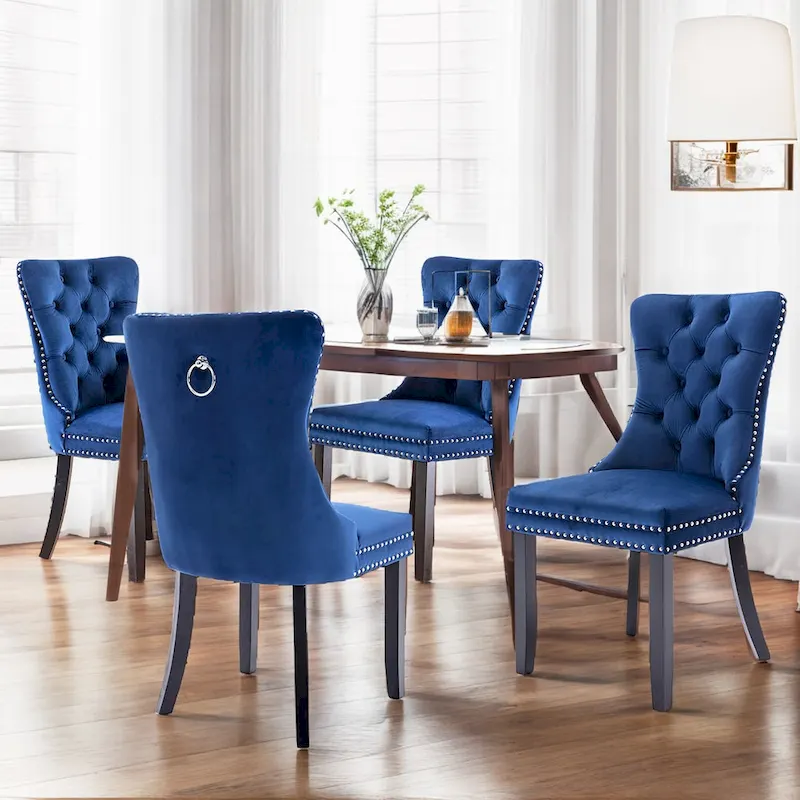 Set of 2 Velvet Dining Chairs,Tufted Solid Wood Armless Chairs Accent Chair with Nailhead Trim and Back Ring Pull