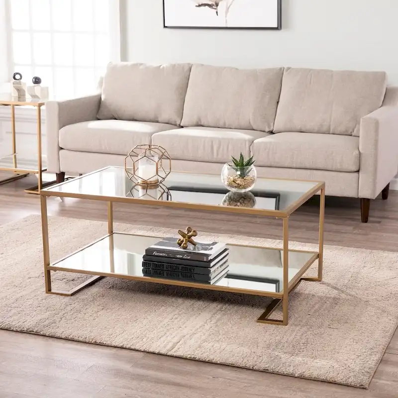 Gold Metal Coffee Table with Glass Top & Mirror Shelf