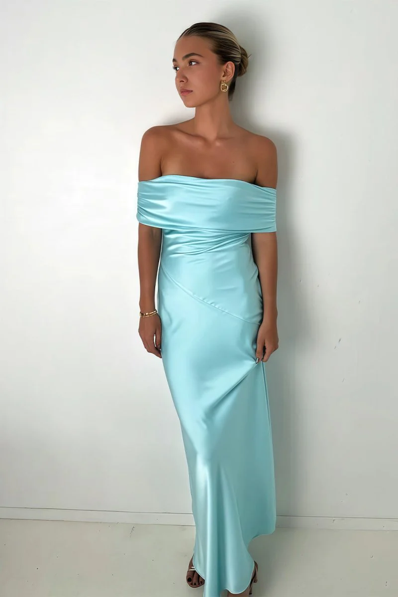 Aqua Sheath Off The Shoulder Satin Long Prom Dresses