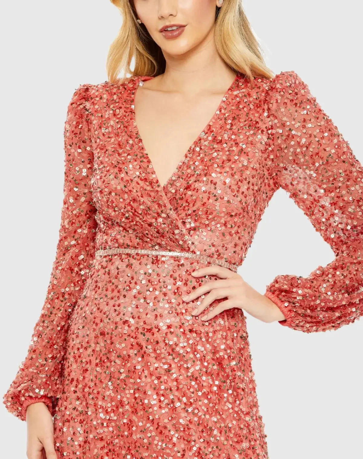Red Sequined Puff Sleeve Wrap Over A Line Dress