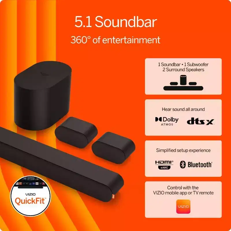 VIZIO 5.1 Soundbar Wireless Subwoofer with Dolby Atmos - (SV510M-08): USB, HDMI, Bluetooth