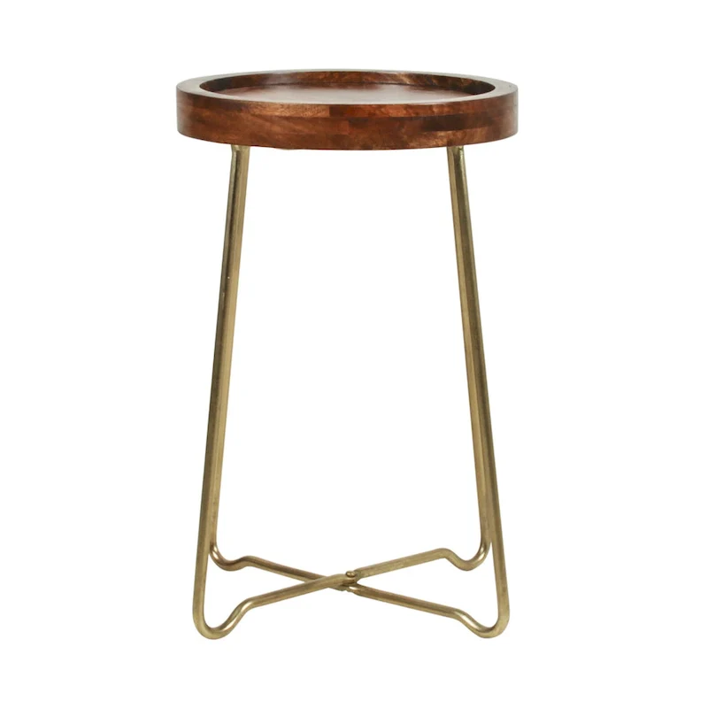 Gold Iron And Natural Wood Round Accent Table by East at Main