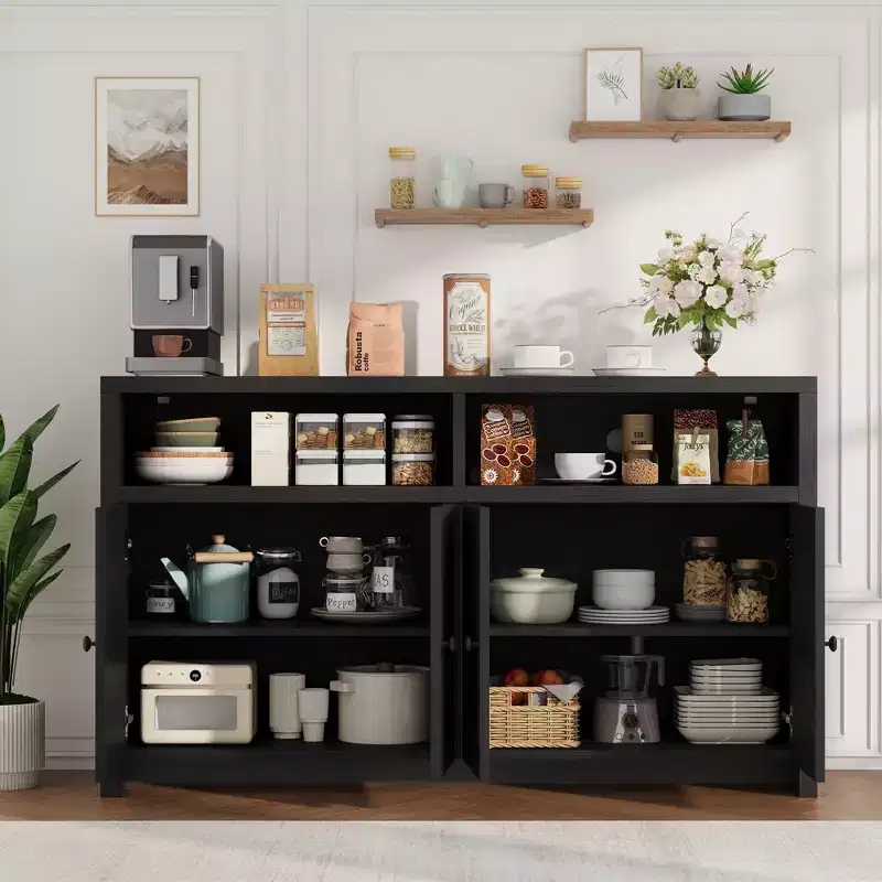 55 Sideboard Buffet Cabinet, Modern Coffee Bar Cabinet with Adjustable Shelves & 4 Doors, Wood Buffet Console Table for Kitchen Living Room
