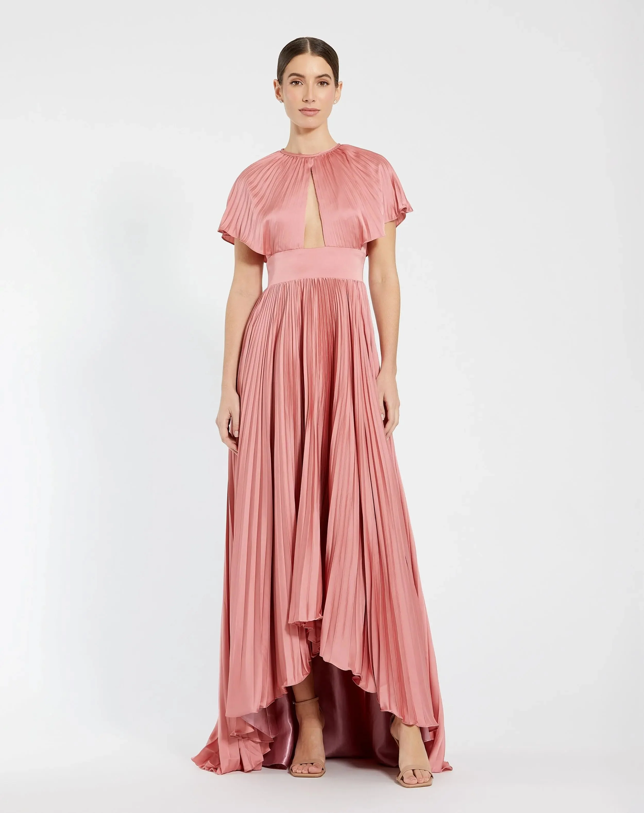 Pink Front Cutout High Low Pleated Gown