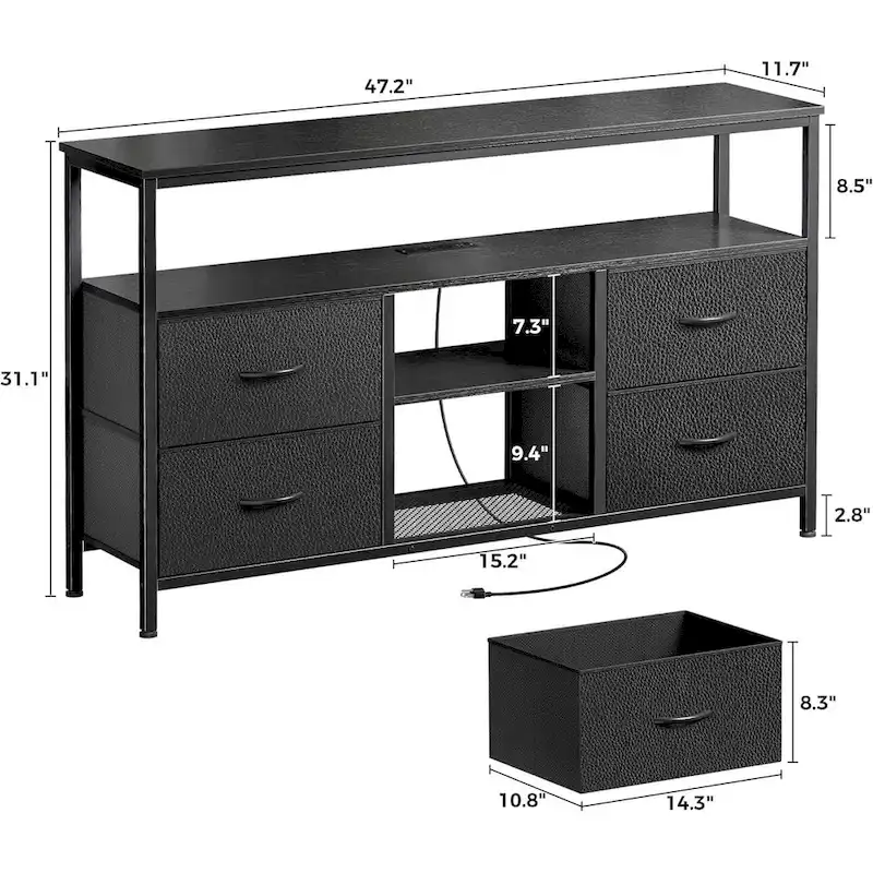 LED TV Stand with Power Outlets, 4 Drawers & Open Shelf, Black PU Finish