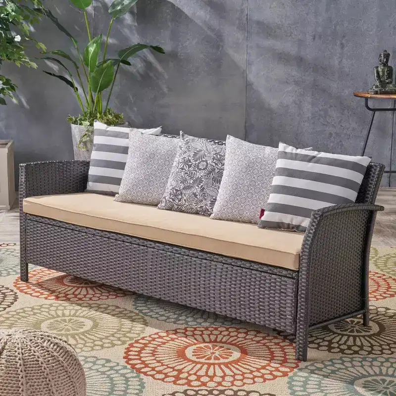 GDFStudio Raina 73 Outdoor Wicker 3 Seater Sofa with Cushion