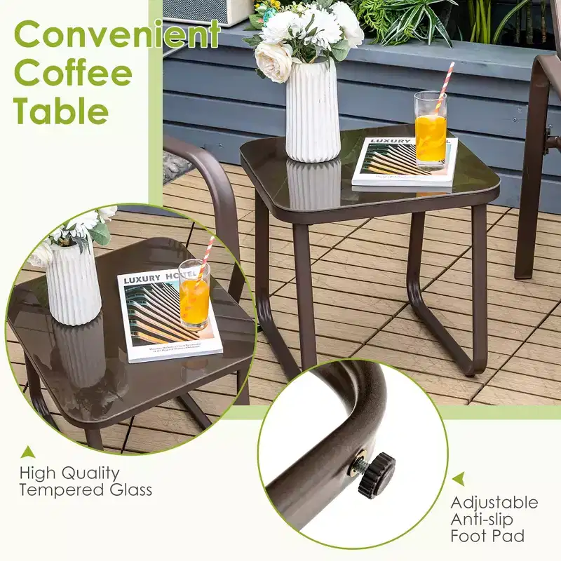 Costway 3PCS Patio Bistro Furniture Set Adjustable Back Stackable Chairs Brown\Black