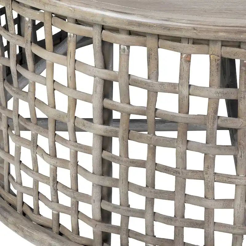 Grey Solid Wood Rattan Round Coffee Table by East at Main