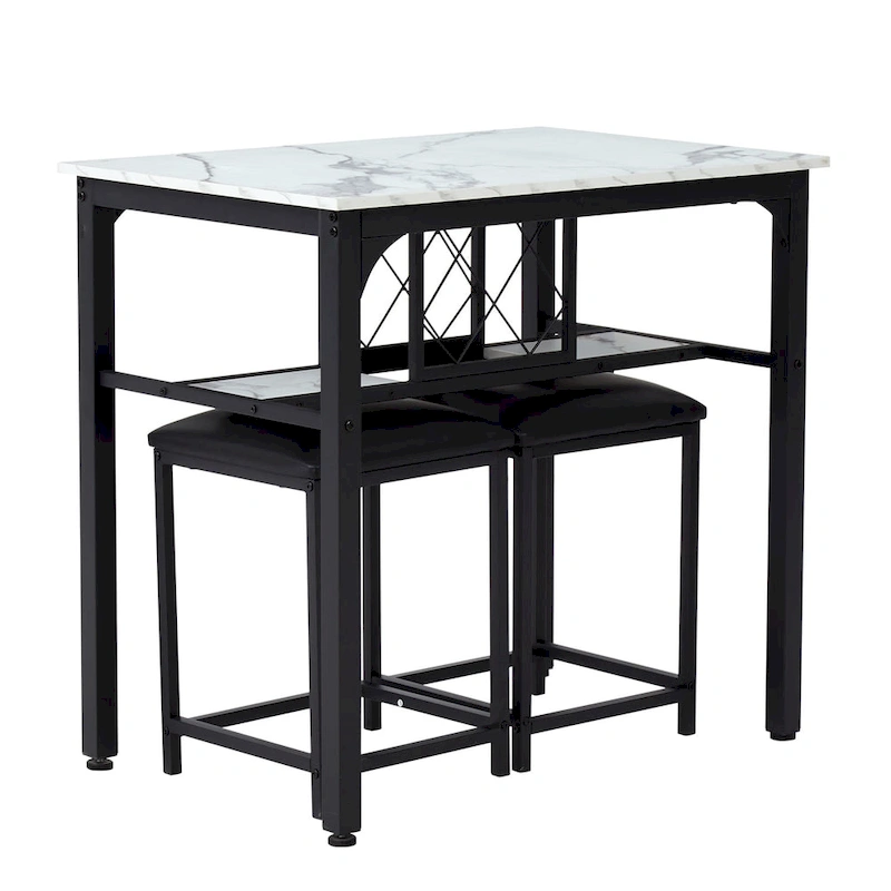 3 Piece Dining Room Table Set, Counter Height Dining Set Faux Marble Table w/ Wine Rack 2 Chairs Kitchen