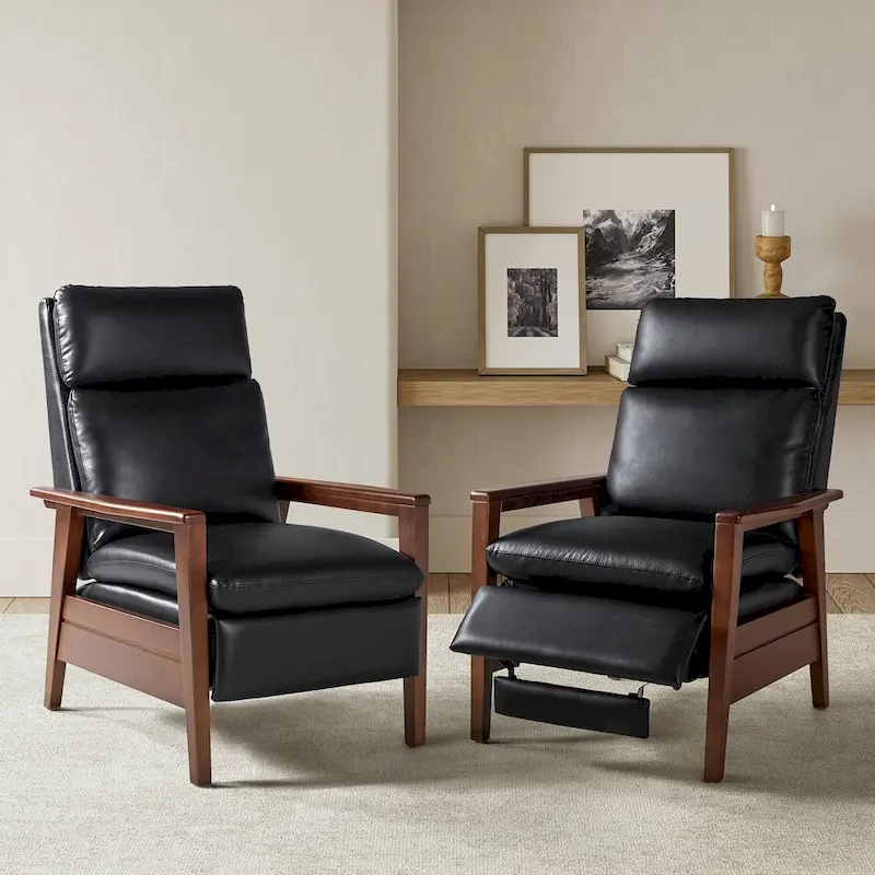 Patrick Mid-century Vegan Leather Solid Wood Recliner Set of 2 by