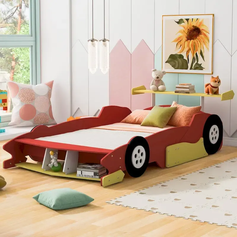 Full Size Race Car Platform Bed with Wheels – Pine, Plywood & MDF, Safety Rails, 2 Colors, Kids Bedroom