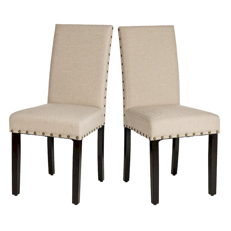 High Back Linen Fabric Dining Chairs with Nailhead Trim – Grey / Cream White / Tan
