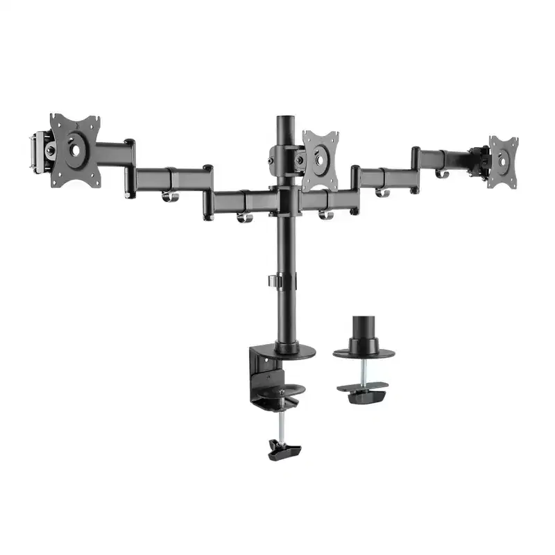 Triple Monitor Desk Mount TV Stand for TVs up to 27": VESA Compatible, Swivel & Tilt - Rocelco