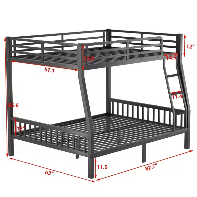 TUYOHW Full XL Over Queen Bunk Bed with Ladder,Metal Bunk Bed Frame with Safety Guardrail and Slats Support for Kids Teens Dorm Rooms,Black