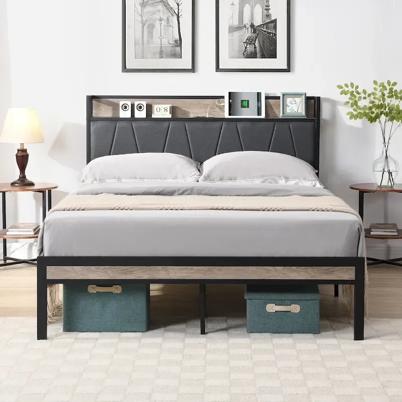 Queen Size Metal Platform Bed with Upholstered Headboard and USB