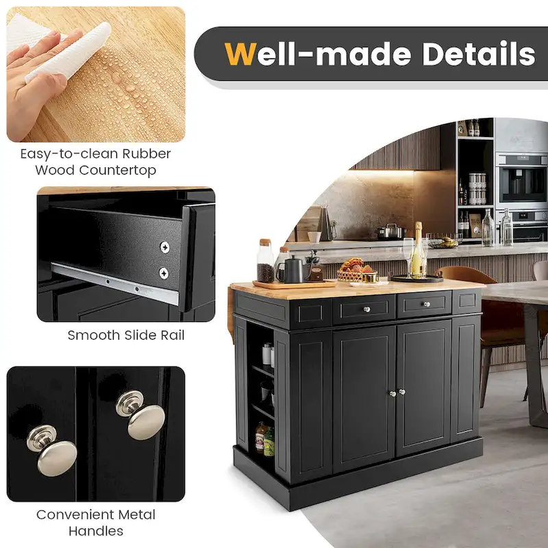 Gymax Large Kitchen Island Drop Leaf Breakfast Bar w/ Wood Top Shelves