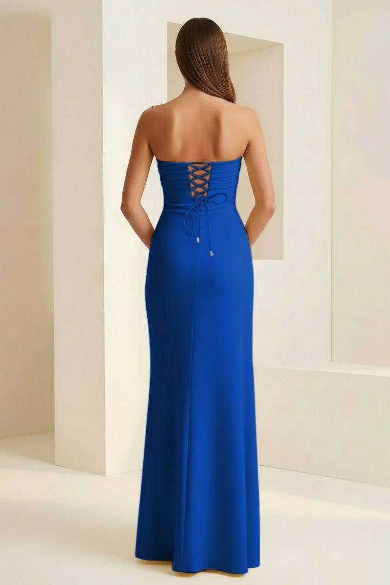 Royal Blue - Mermaid Strapless Satin Pleated Long Prom Dress with Slit