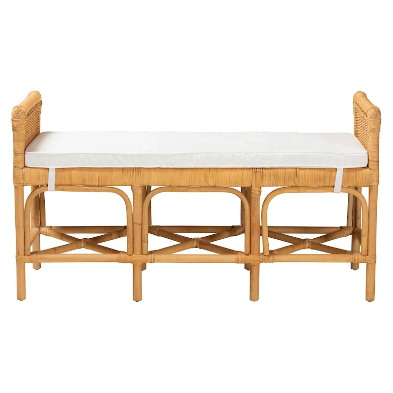 Modern Bohemian Natural Brown Rattan Bench – Handcrafted Boho Entryway Seat