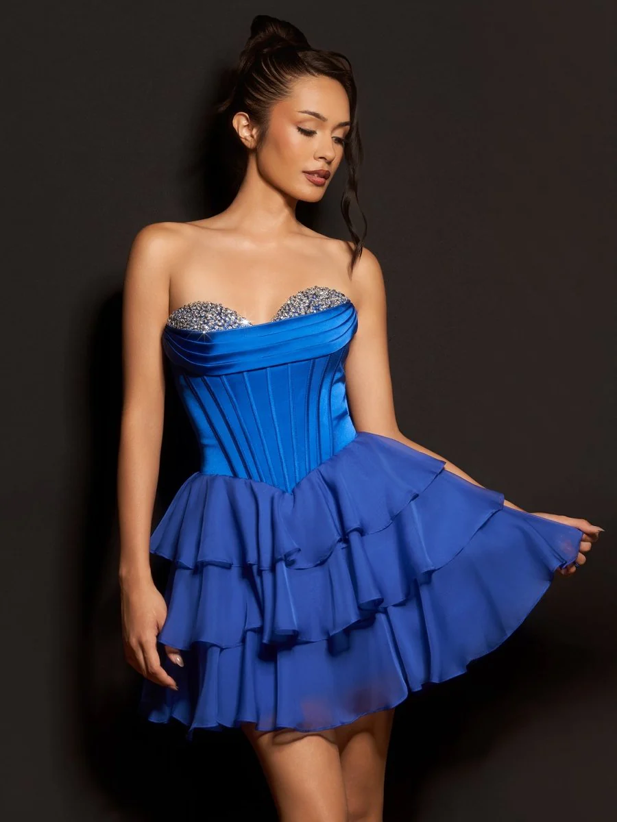 Royal Blue - Strapless A Line Ruffles Homecoming Dress With Beading