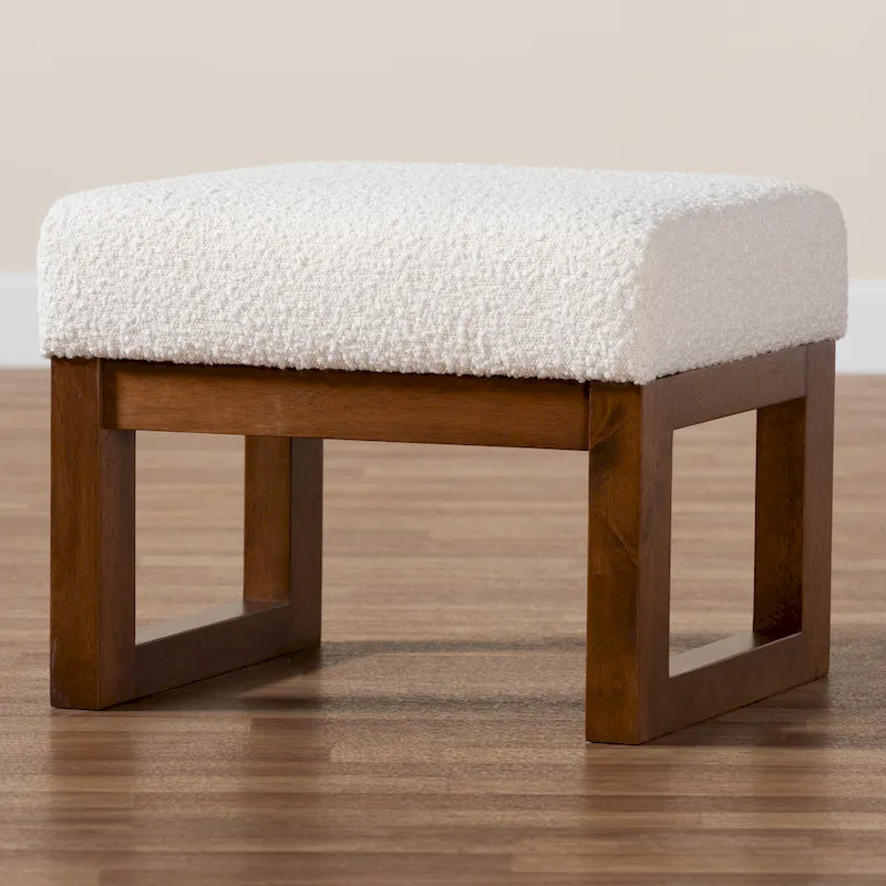 Yashiya Mid-Century Modern Off-White Boucle Upholstered and Walnut Brown Finished Wood Ottoman Footstool
