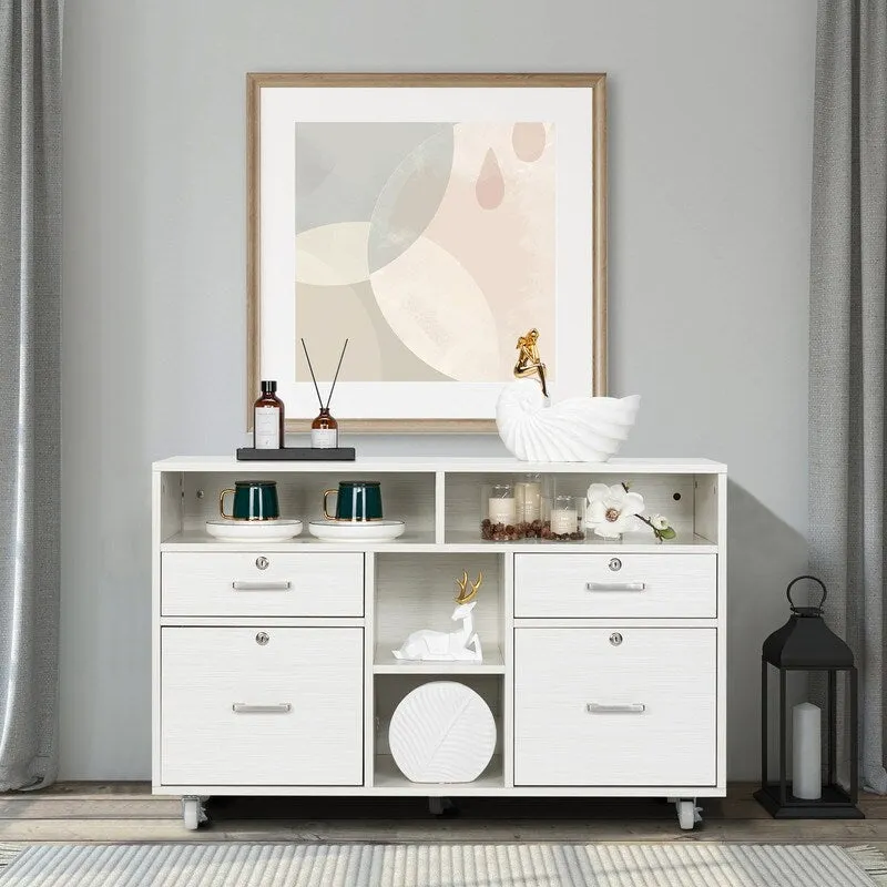 4-Drawer Mobile Wood File Cabinet with Shelves and Locking Wheels
