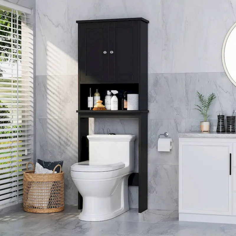 Over-Toilet Storage Cabinet, Wooden/Glass, Black/White/Grey