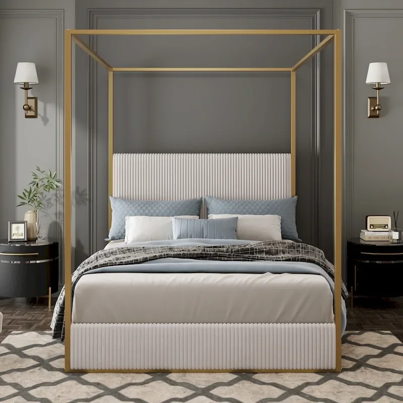 Modern Luxury Metal Canopy Bed with Tall Upholstered Headboard & Four Poster