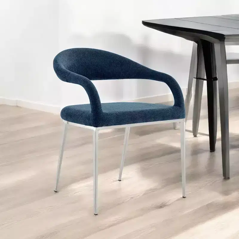 HomeRoots Set of Two Blue And Silver Upholstered Polyester Open Back Dining Arm Chairs