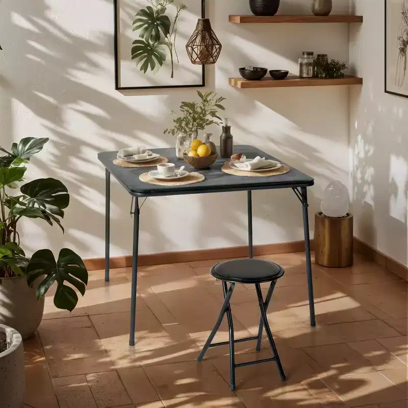 FurnitureR 2-Piece Folding Table and Chair Set for 1, Space-Saving Square Card Table with Single Stool, Ideal for Small Spaces, Home, Patio, Black