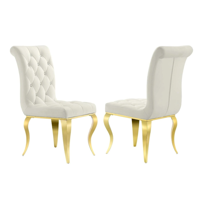 Velvet Upholstered Chairs with Crystal Decor Button Tufted back and Mirror metal Cabriole Legs