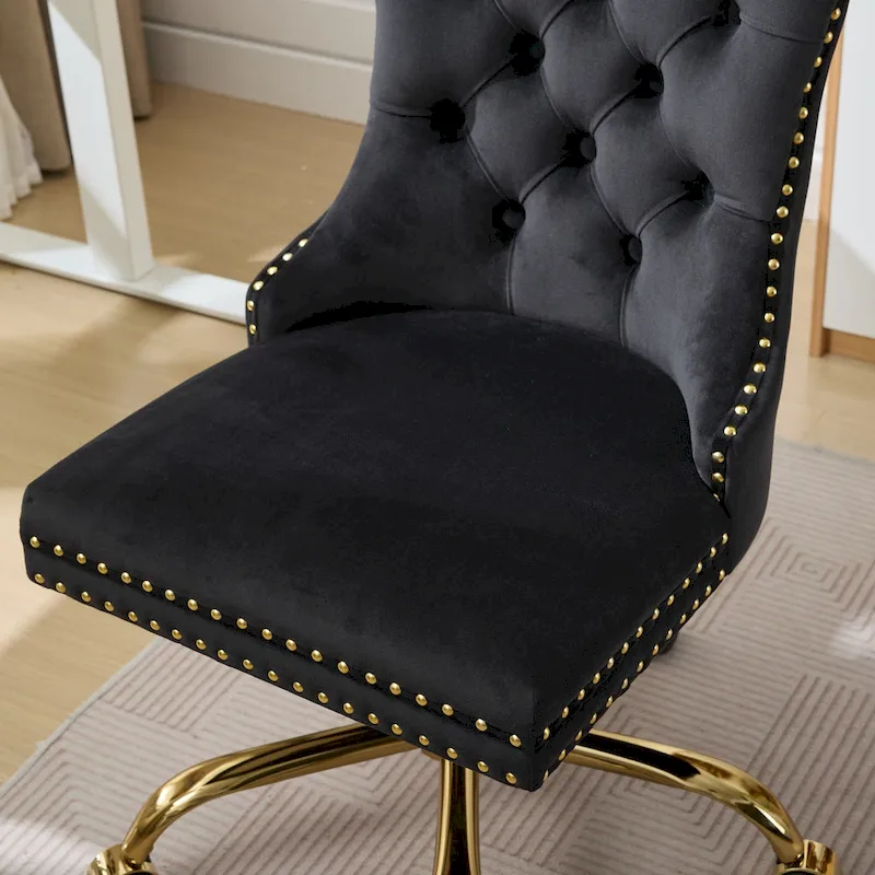 A&A Gray Velvet Tufted Home Office Chair with Golden Metal Base - Adjustable Swivel Desk Chair