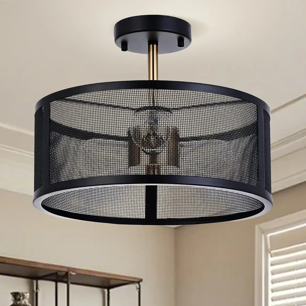 Modern Black Metal Hollow Cylinder Semi Flush Ceiling Light