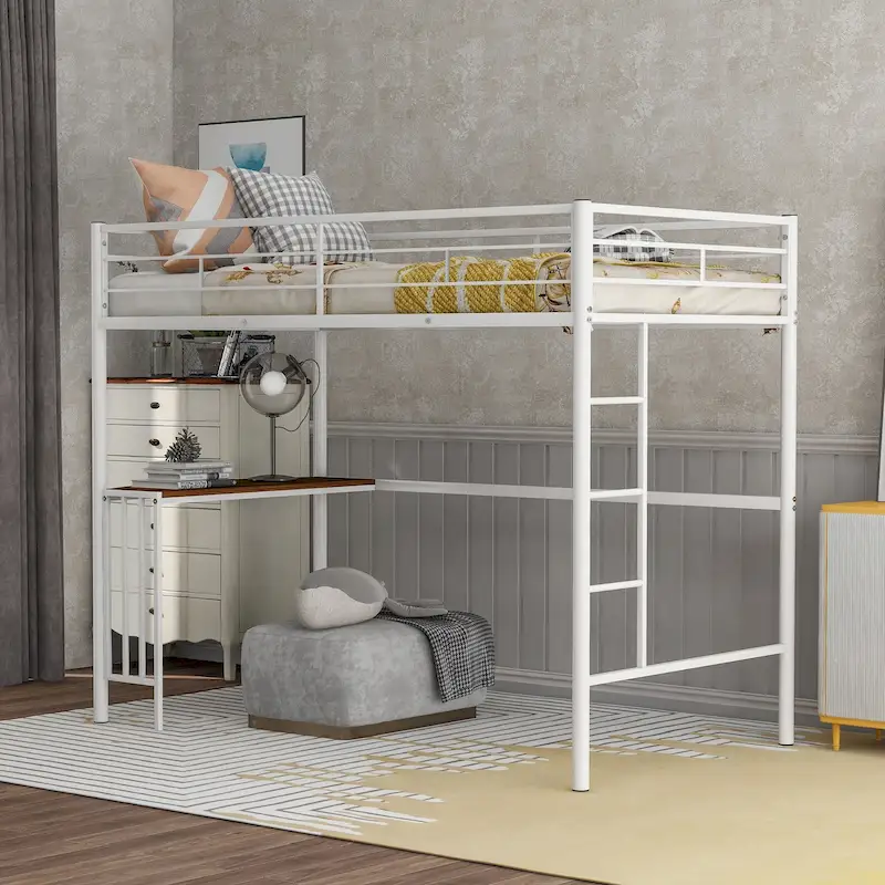 Metal Loft Bed with Desk, Ladder and Guardrails