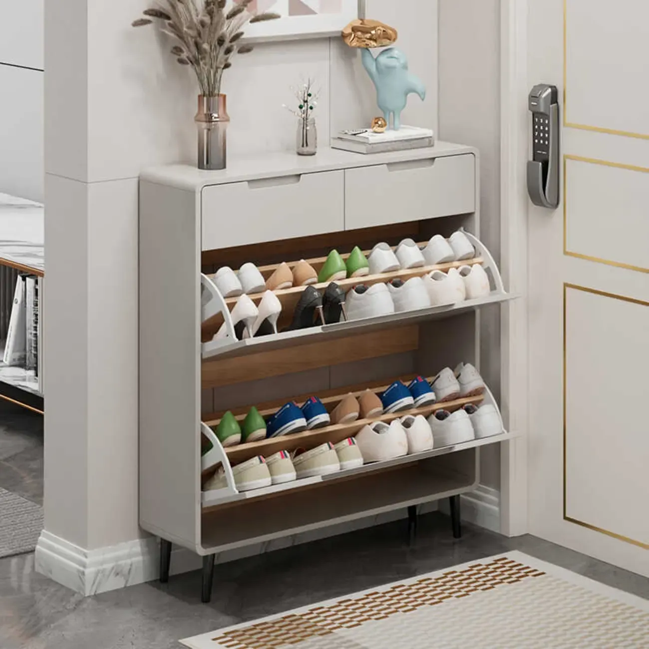 Drop-Front Beige Wood Entryway Shoe Cabinet with 2-Drawer