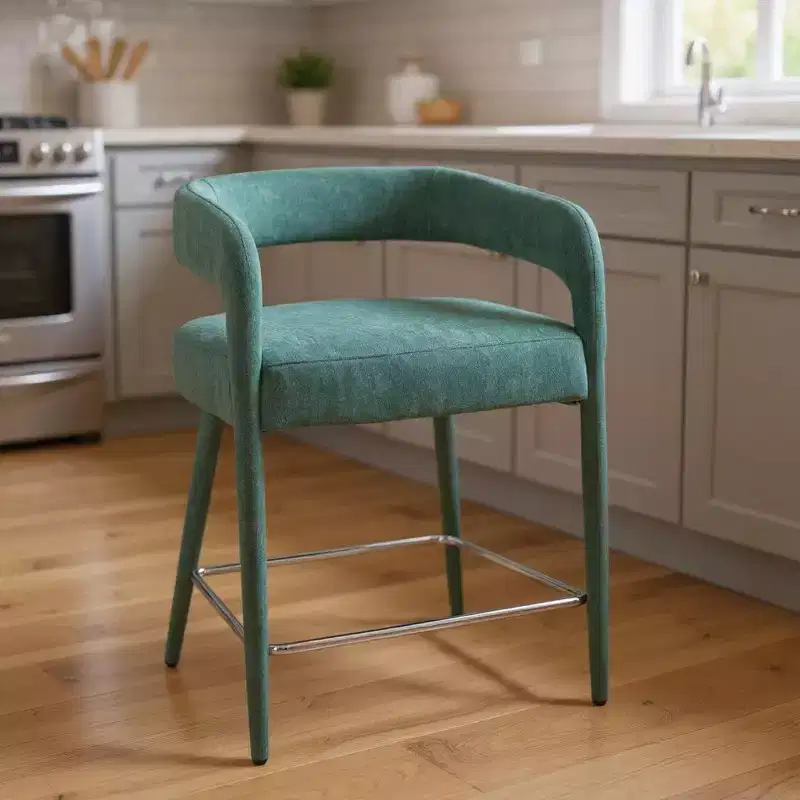 25 Teal Blue Metal and Fabric Low Back Counter Height Bar Chair